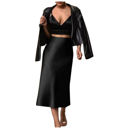 Luxury Elegant Silk Satin Skirt Women'S Solid Color Slim Fit Fishtail Skirts French Elegant High Waisted Pleated Long Skirt