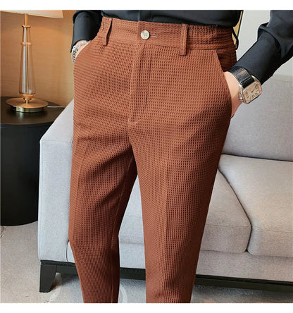 Fashion Business Casual Men's Pants Cropped Pants Waffle Pattern New Trend Spring Summer Casual Trousers Dark Green White 28-38