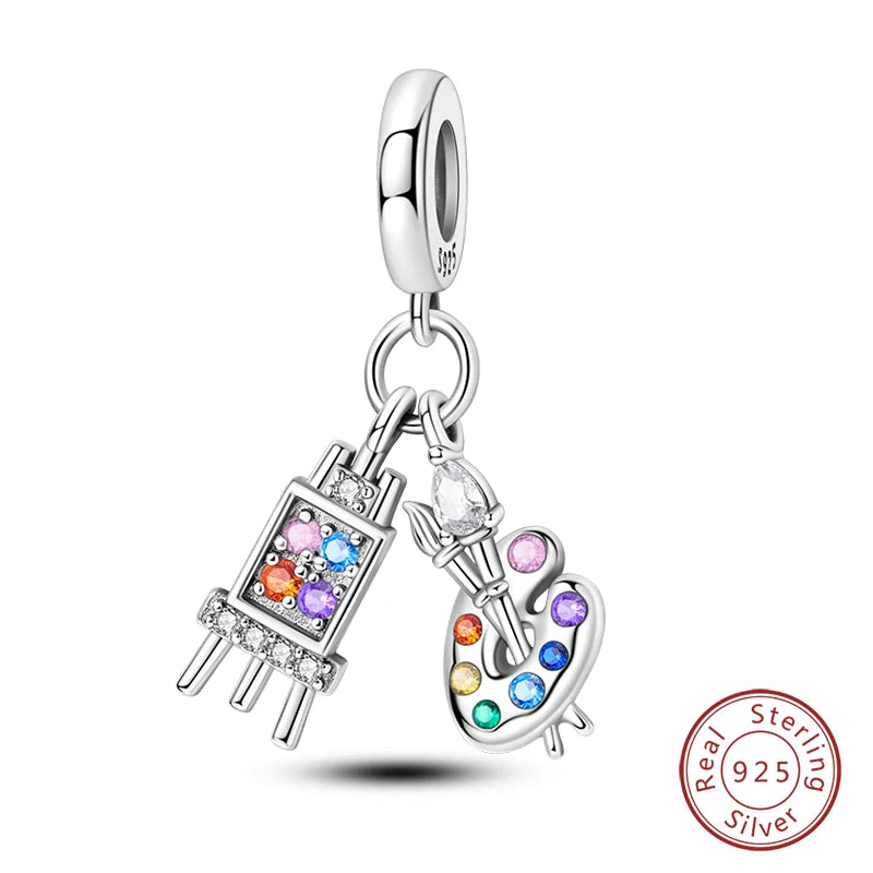 925 Sterling Silver Artist Brush Tools Color Palette Oil Painting Charms Beads Fit Qikaola Original Bracelets DIY Jewelry Gifts
