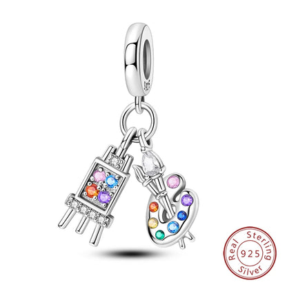 925 Sterling Silver Artist Brush Tools Color Palette Oil Painting Charms Beads Fit Qikaola Original Bracelets DIY Jewelry Gifts