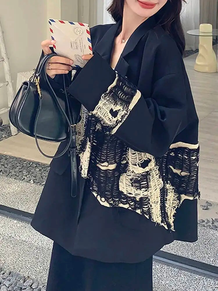 EAM Women Black Knit Spliced Big Size Irregular Blazer New Lapel Long Sleeve Jacket Fashion Tide Spring Autumn 2026 30A2521
