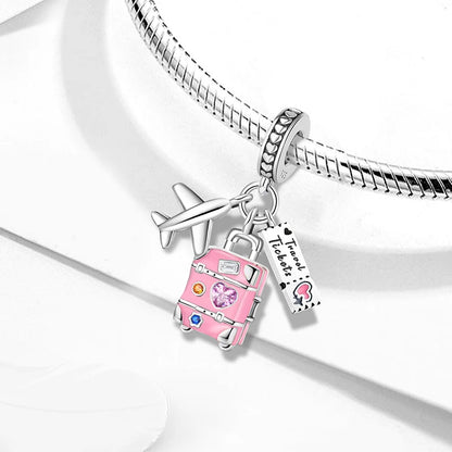 925 Sterling Silver Pink Luggage Rainbow Life Travel Charms Bead Diy Bracelet Bangle Making Gift Of High Quality Fine Jewelry