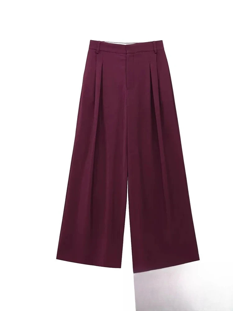 KONDALA Vintage Chic Office Lady Red Solid Women Suit Notched Single Button Pockets Blazer Straight Loose Pants Fashion 2025 Set