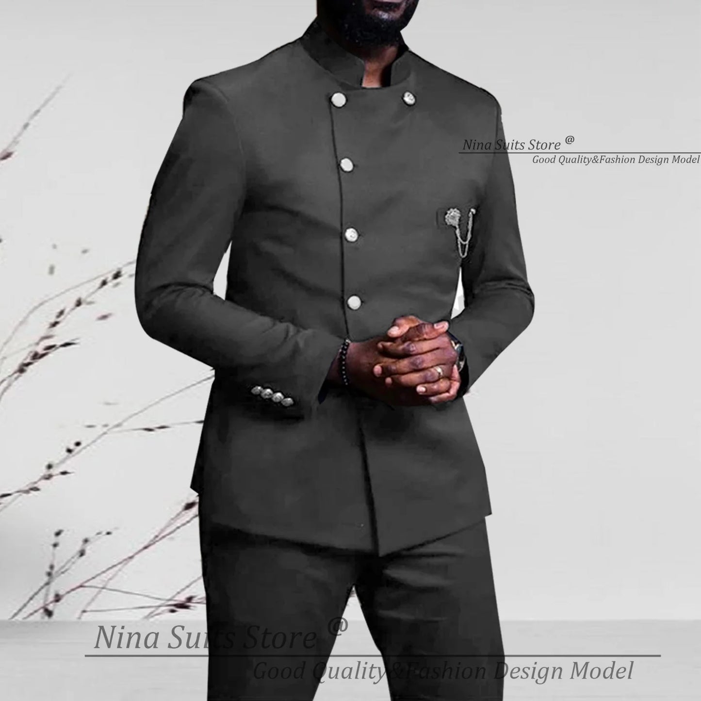 Nina Store 2025 Elegant African Style Men's Suit Stand Collar Royal Blue Blazer and Pants 2 Piece Casual Business Man Wear