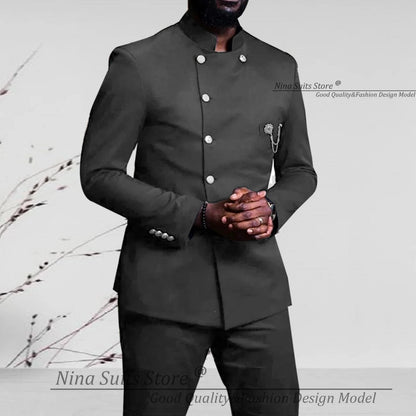 Nina Store 2025 Elegant African Style Men's Suit Stand Collar Royal Blue Blazer and Pants 2 Piece Casual Business Man Wear