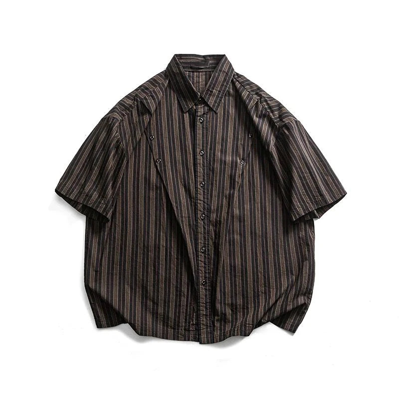 Short sleeved loose contrasting color splicing vertical stripe American casual suit