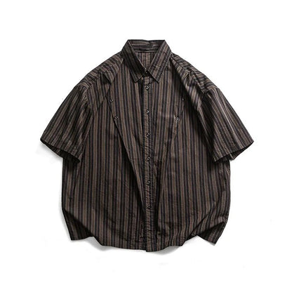 Short sleeved loose contrasting color splicing vertical stripe American casual suit