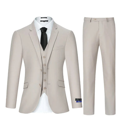 3pcs Men's Classic Solid Color Suit Set Long Sleeve Blazer with Button Details Non-Stretch Fabric Regular Fit for All Seasons