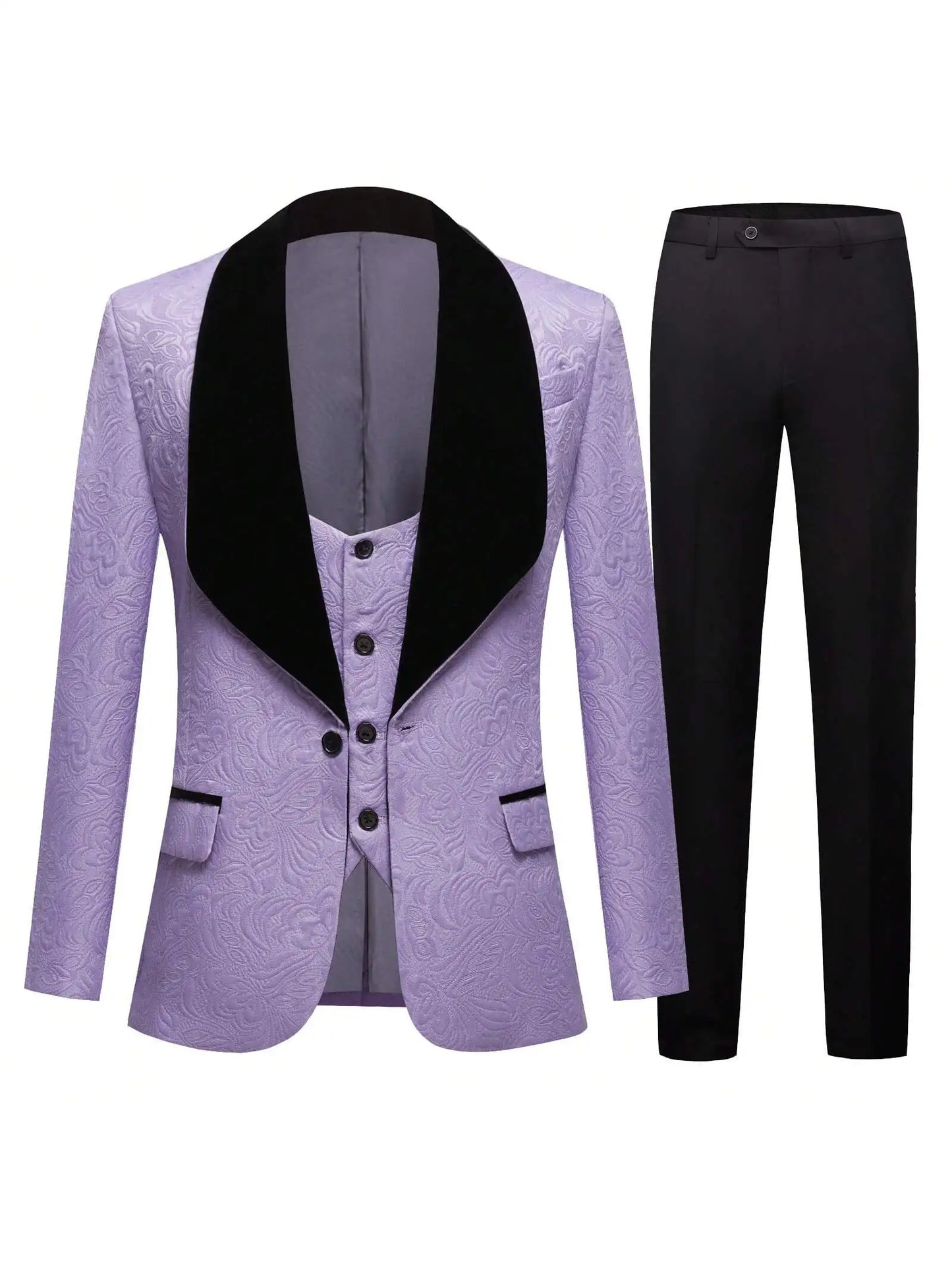 Men's three-piece floral jacquard slim-fitting suit set, including paisley pattern suit jacket, vest, and pants, suitable for ba