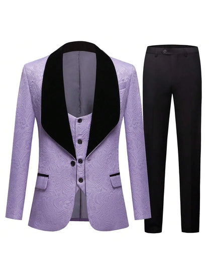 Men's three-piece floral jacquard slim-fitting suit set, including paisley pattern suit jacket, vest, and pants, suitable for ba