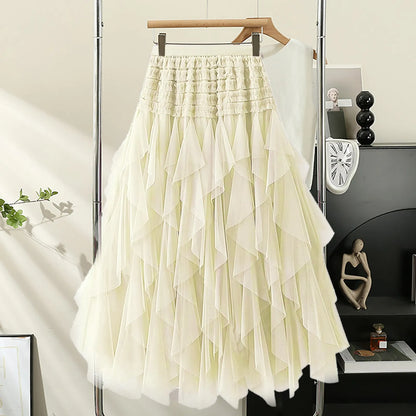 Tulle Skirts For Women High Elastic Waist Multi Layered Tulle Mesh Patchwork Long Fairy Skirt Plain Big Swing A Line Skirts