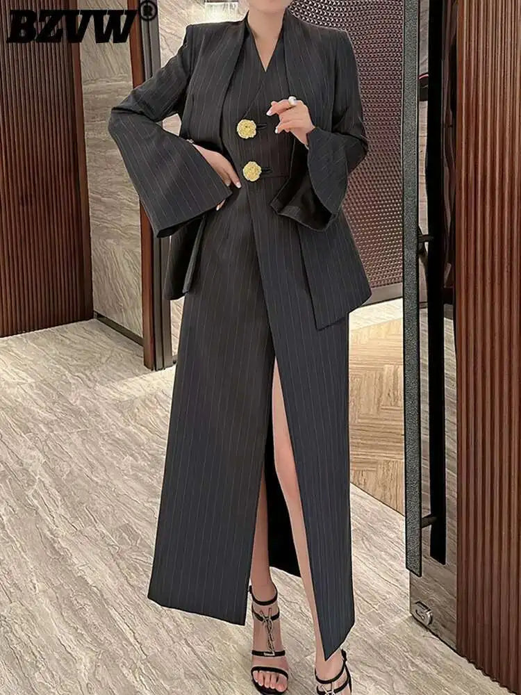 BZVW Women's 2 Pieces Sets Fashion Striped Suit Jacket V-neck Sleeveless Single Breasted Slit Dress Autumn 2025 New 5R5493