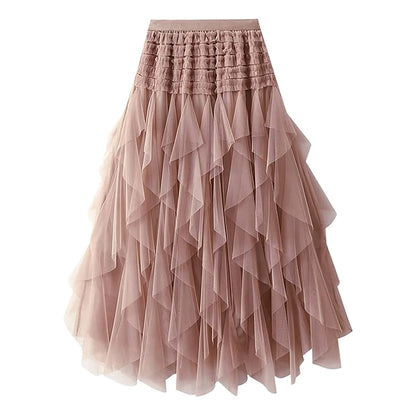Tulle Skirts For Women High Elastic Waist Multi Layered Tulle Mesh Patchwork Long Fairy Skirt Plain Big Swing A Line Skirts