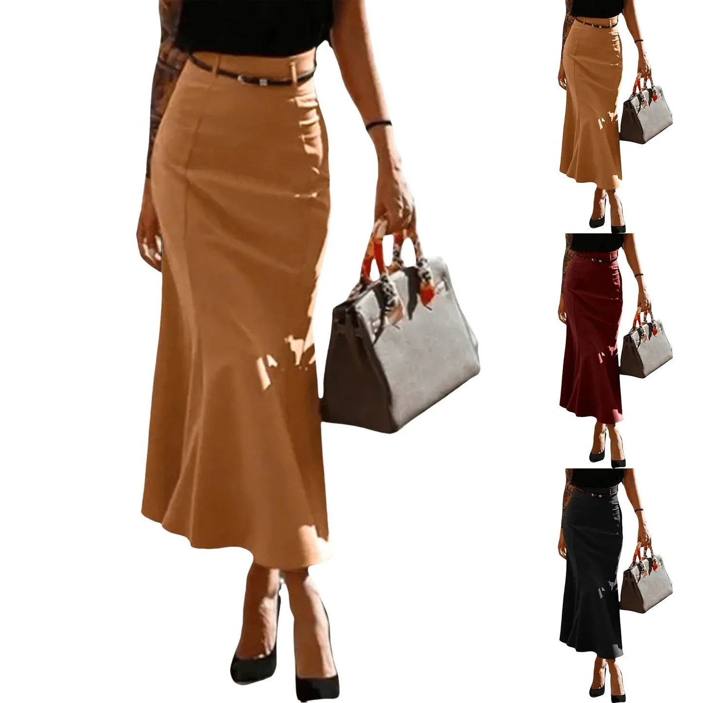 Women'S High Waist Elastic A Line Long Skirt Casual Party Long Skirt Solid Color High Waisted And Slim Looking Fishtail Skirt