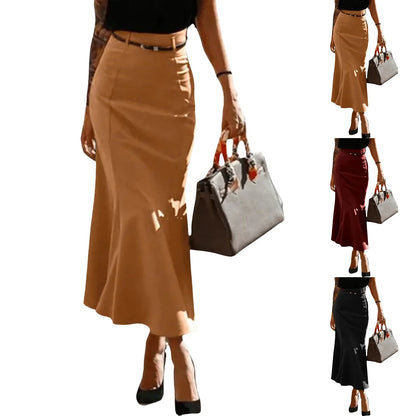 Women'S High Waist Elastic A Line Long Skirt Casual Party Long Skirt Solid Color High Waisted And Slim Looking Fishtail Skirt