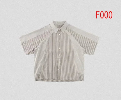 Short sleeved loose contrasting color splicing vertical stripe American casual suit