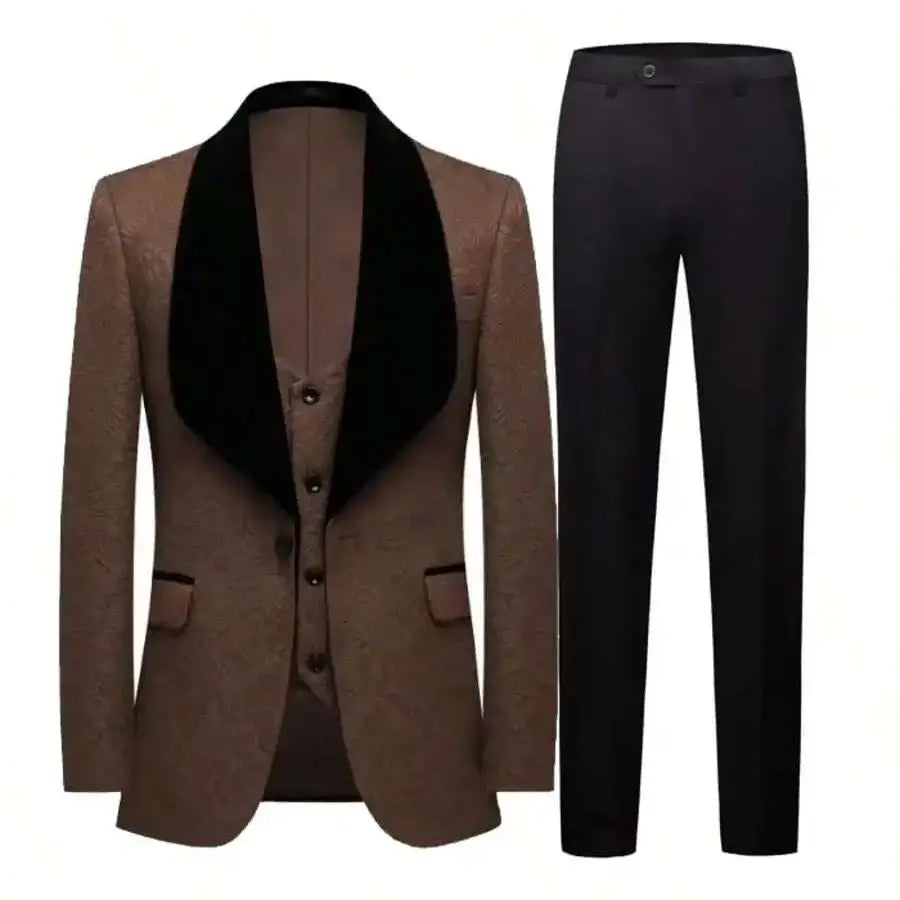 Mens 3 Piece Floral Tuxedo, Jacquard Slim Suit Set, Paisley Blazer Vest and Pants for Prom Wedding