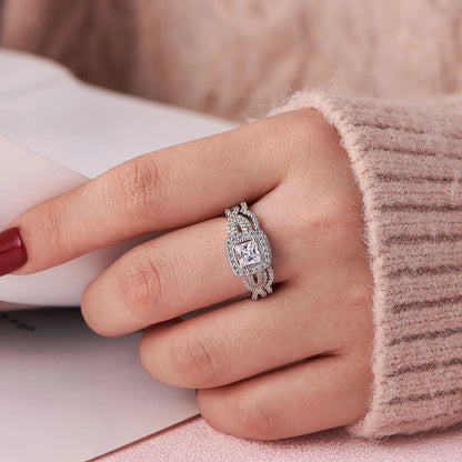 Newshe 2 Pcs 925 Sterling Silver Engagement Ring Wedding Band For Women Princess Cut White AAAAA Cubic Zirconia Classic Jewelry