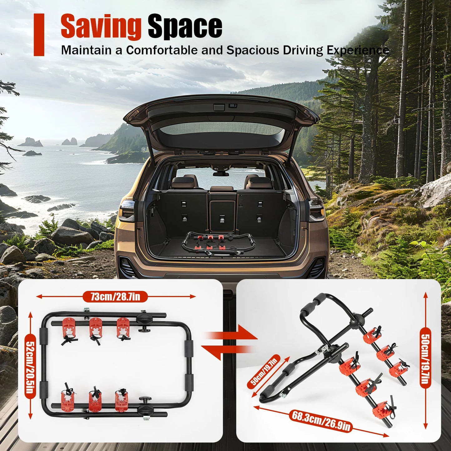 3-Bike Trunk Mount Rack with Fixed Strap Bike Rack for Car Trunk Bicycle Rack Carrier for Light-Weight/Kids Bikes Mounts 3 Bikes