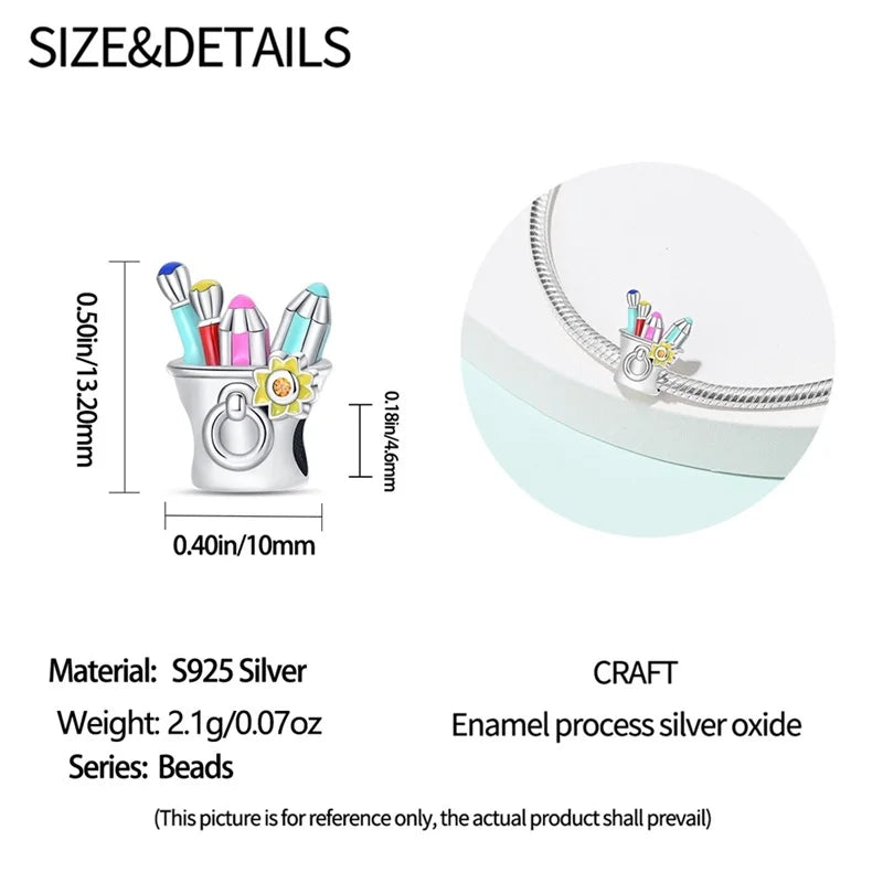 925 Sterling Silver Artist Brush Tools Color Palette Oil Painting Charms Beads Fit Qikaola Original Bracelets DIY Jewelry Gifts