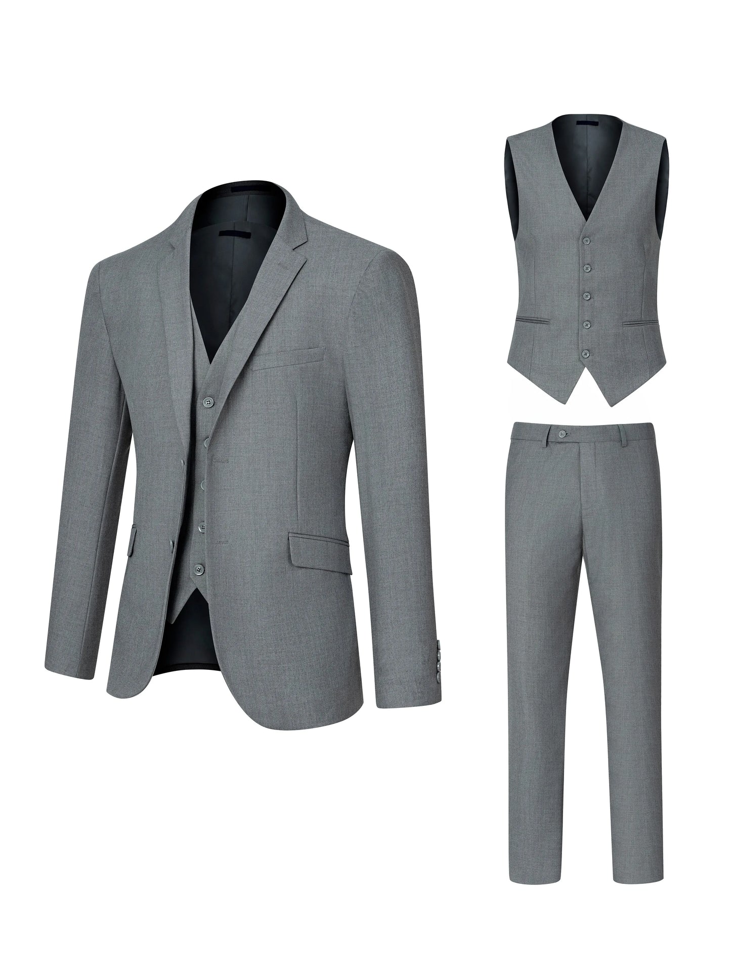 3pcs Men's Classic Solid Color Suit Set Long Sleeve Blazer with Button Details Non-Stretch Fabric Regular Fit for All Seasons