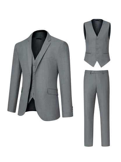3pcs Men's Classic Solid Color Suit Set Long Sleeve Blazer with Button Details Non-Stretch Fabric Regular Fit for All Seasons