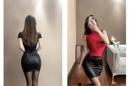 Black Slim Imitation Leather Pencil Mini Skirt High Waist Sexy Fashion Korean Short Skirts Women Wholesale Summer Sweet