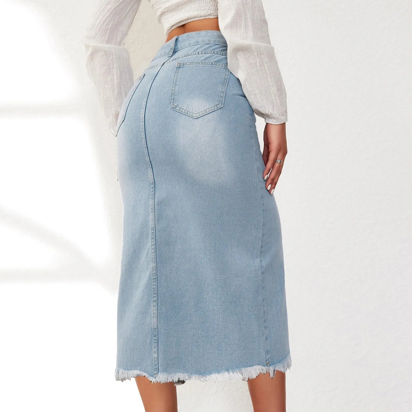 Women Mid Length Jean Skirt With Pockets High Waist Front Split Bodycon Striaght Skirts Women's Washed Light Color Jean Skirt