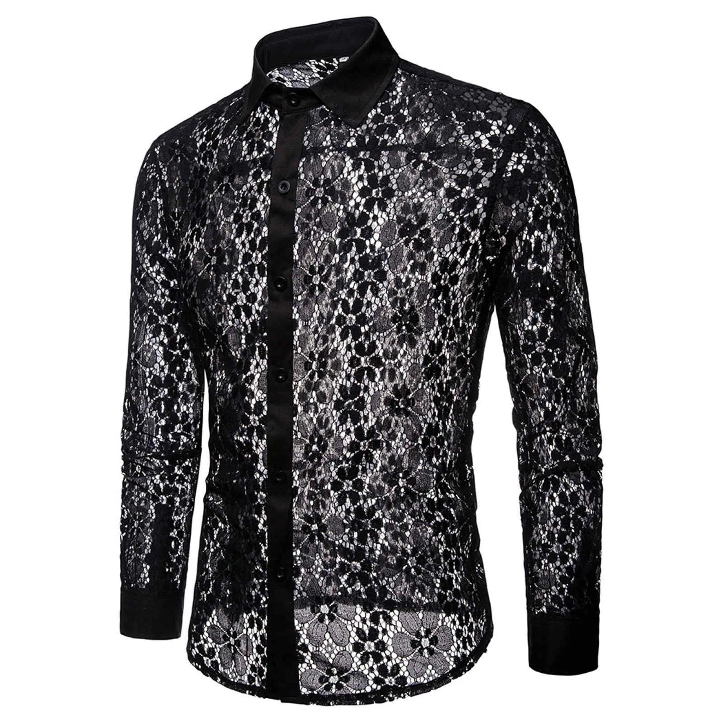 High Quality Men'S Shier Luxury Designer Pure Color Fashion Full Lace Club Men Clothing  Hollow Long Sleeves Lapel Shirt рубашка