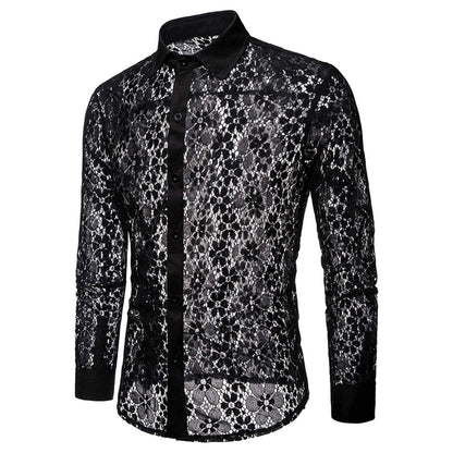 High Quality Men'S Shier Luxury Designer Pure Color Fashion Full Lace Club Men Clothing  Hollow Long Sleeves Lapel Shirt рубашка