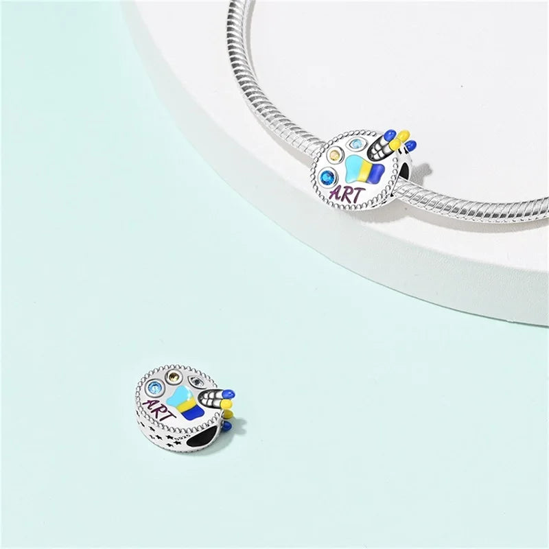 925 Sterling Silver Artist Brush Tools Color Palette Oil Painting Charms Beads Fit Qikaola Original Bracelets DIY Jewelry Gifts