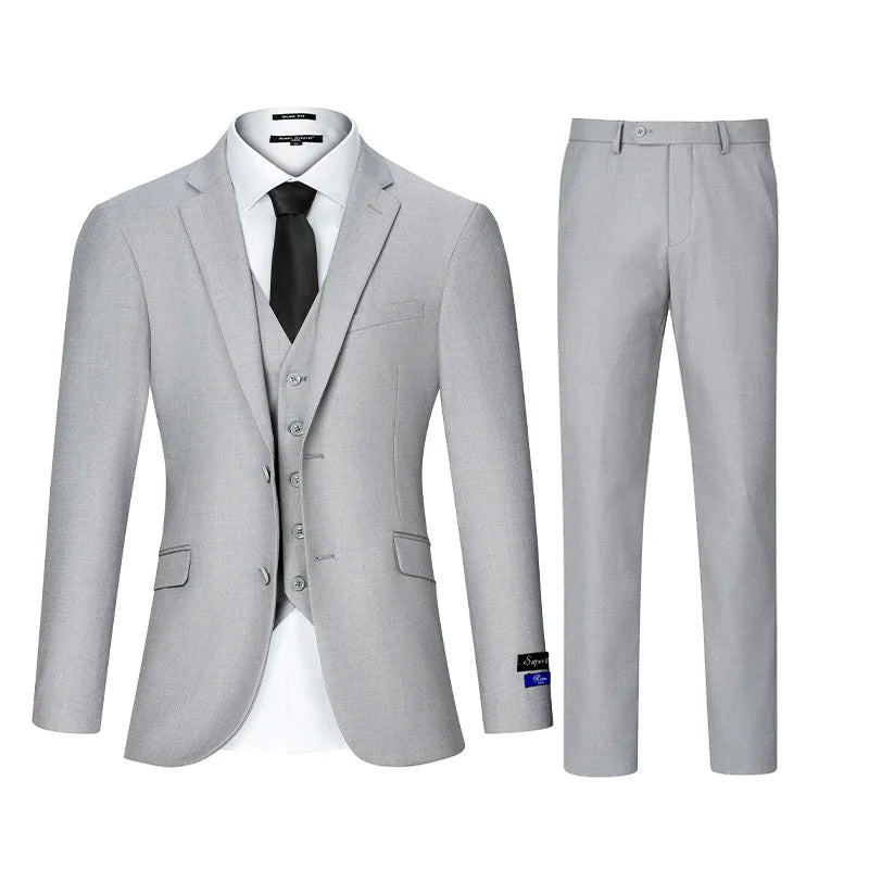 3pcs Men's Classic Solid Color Suit Set Long Sleeve Blazer with Button Details Non-Stretch Fabric Regular Fit for All Seasons