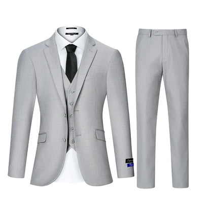3pcs Men's Classic Solid Color Suit Set Long Sleeve Blazer with Button Details Non-Stretch Fabric Regular Fit for All Seasons