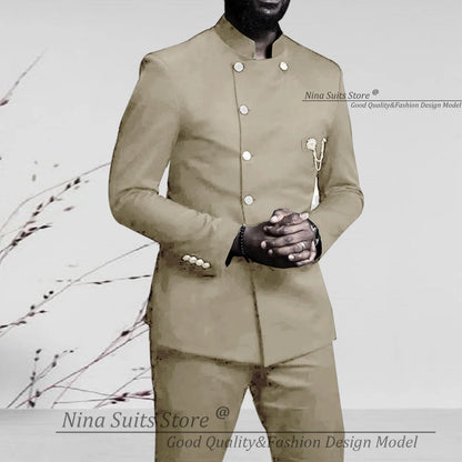 Nina Store 2025 Elegant African Style Men's Suit Stand Collar Royal Blue Blazer and Pants 2 Piece Casual Business Man Wear