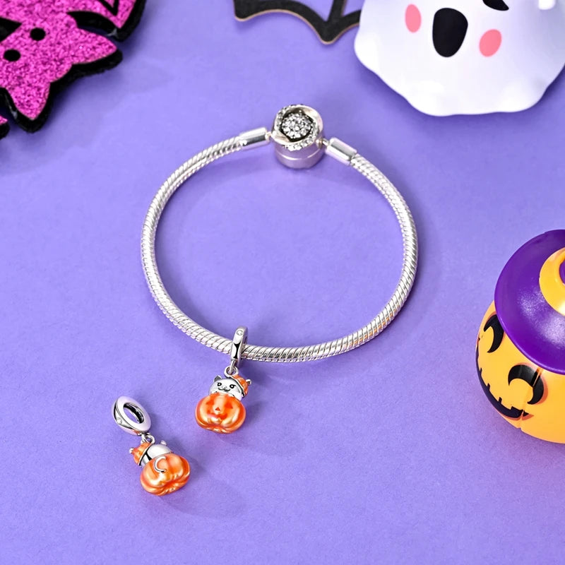 2025 New Halloween Charm Emit Light Bead 925 Sterling Silver Pumpkin Witch Skull Charm Fit Bracelet Pendant Women Jewelry Making