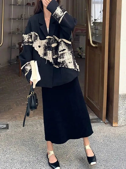 EAM Women Black Knit Spliced Big Size Irregular Blazer New Lapel Long Sleeve Jacket Fashion Tide Spring Autumn 2026 30A2521