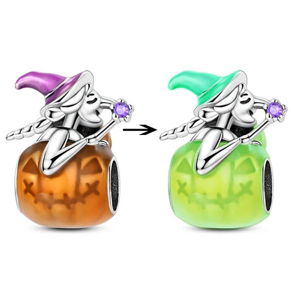 2025 New Halloween Charm Emit Light Bead 925 Sterling Silver Pumpkin Witch Skull Charm Fit Bracelet Pendant Women Jewelry Making