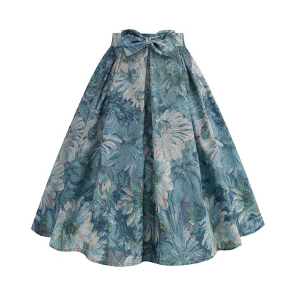 Sweet Skirt for Fashion Girl Vintage Printing High Waist Bow Beach Holiday Slim Fit Eleagnt Versatile Skirt With Ruffle Swing