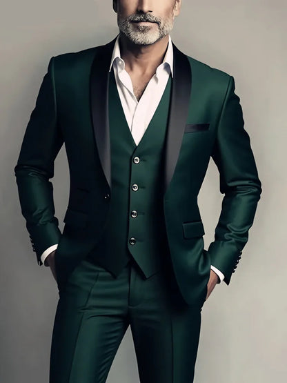 3pcs Men's Party Suit with Lapel Collar, Polyester And Viscose Blend, Skinny Fit, Solid Color, Long Sleeve, Button Front, Pants,
