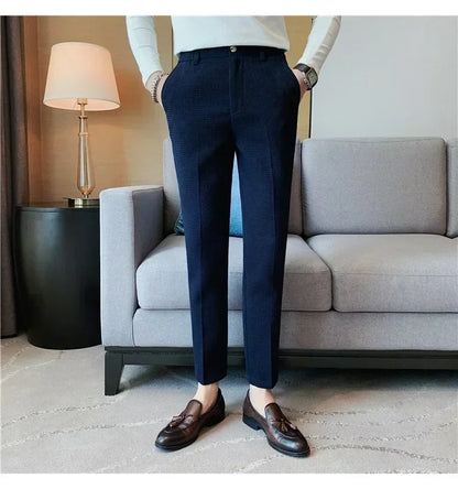 Fashion Business Casual Men's Pants Cropped Pants Waffle Pattern New Trend Spring Summer Casual Trousers Dark Green White 28-38