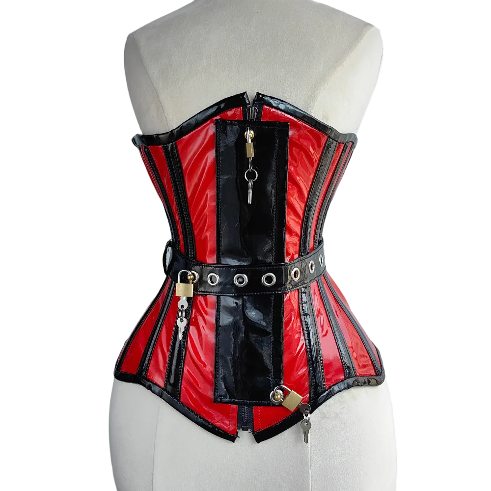 Women Heavy Corset Hand Made Bustier With Locks AndKeys Lace Up Steel Boned Shaping Tops BlacK Patent Leather Gothic Bodices