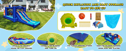 Inflatable Bounce House Obstacle Course for Kids - 2 Racing Slides, Spacious Jumping Area, Tunnels & Climbing Walls with Blower
