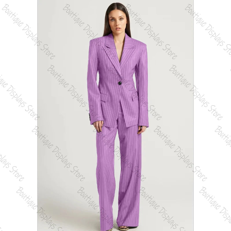 Tibetan Blue Stripe Single Button Women Pants Set High-end Female Two Pieces(Jacket+Trousers)أطقم بناطيل
