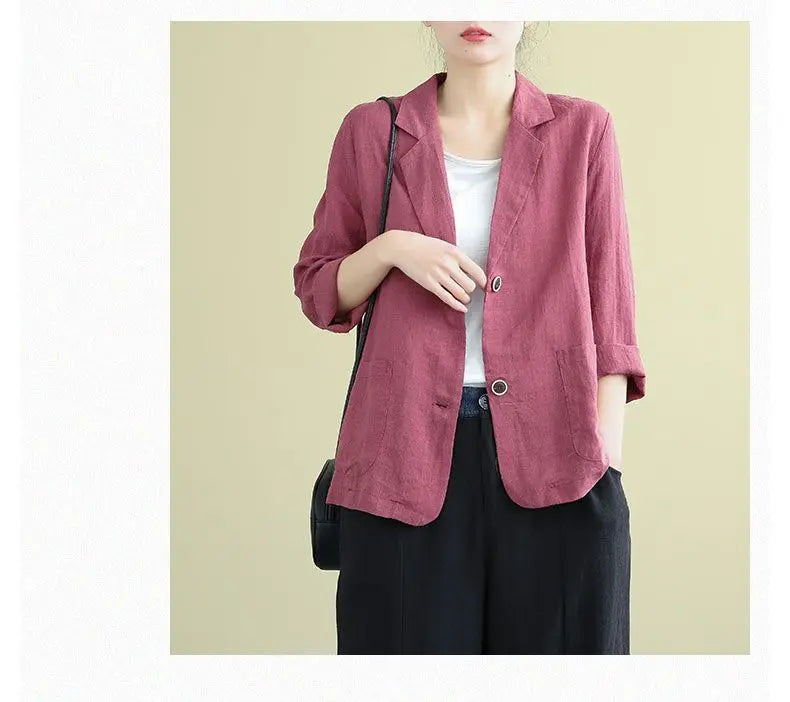 Spring Autumn Cotton Linen Loose Casual Blazers Female Long Sleeve Elegant Fashion Cardigan Suit Women's All-match Coat Jacket