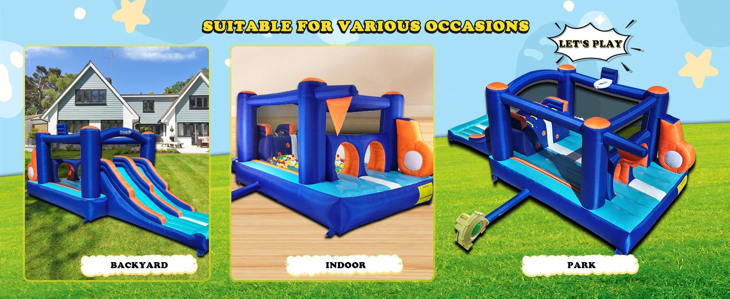 Inflatable Bounce House Obstacle Course for Kids - 2 Racing Slides, Spacious Jumping Area, Tunnels & Climbing Walls with Blower