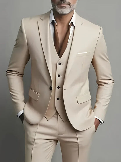 3pcs Men's Party Suit with Lapel Collar, Polyester And Viscose Blend, Skinny Fit, Solid Color, Long Sleeve, Button Front, Pants,