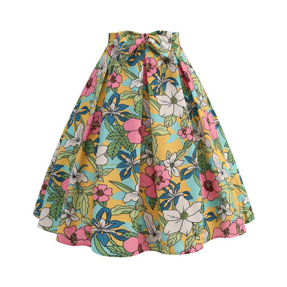 Sweet Skirt for Fashion Girl Vintage Printing High Waist Bow Beach Holiday Slim Fit Eleagnt Versatile Skirt With Ruffle Swing