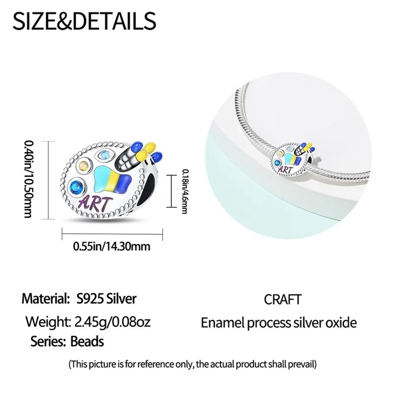 925 Sterling Silver Artist Brush Tools Color Palette Oil Painting Charms Beads Fit Qikaola Original Bracelets DIY Jewelry Gifts