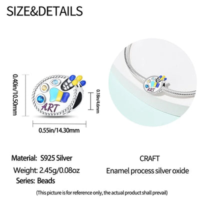 925 Sterling Silver Artist Brush Tools Color Palette Oil Painting Charms Beads Fit Qikaola Original Bracelets DIY Jewelry Gifts