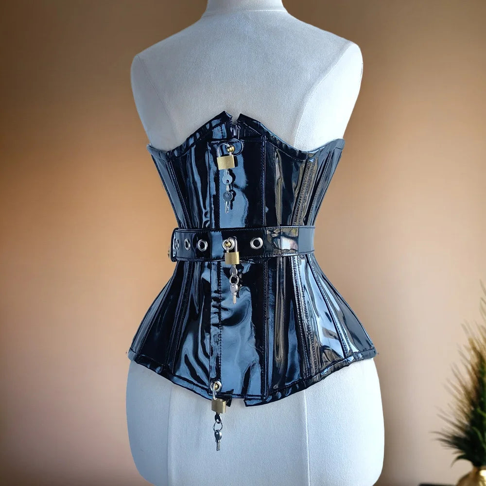 Women Heavy Corset Hand Made Bustier With Locks AndKeys Lace Up Steel Boned Shaping Tops BlacK Patent Leather Gothic Bodices